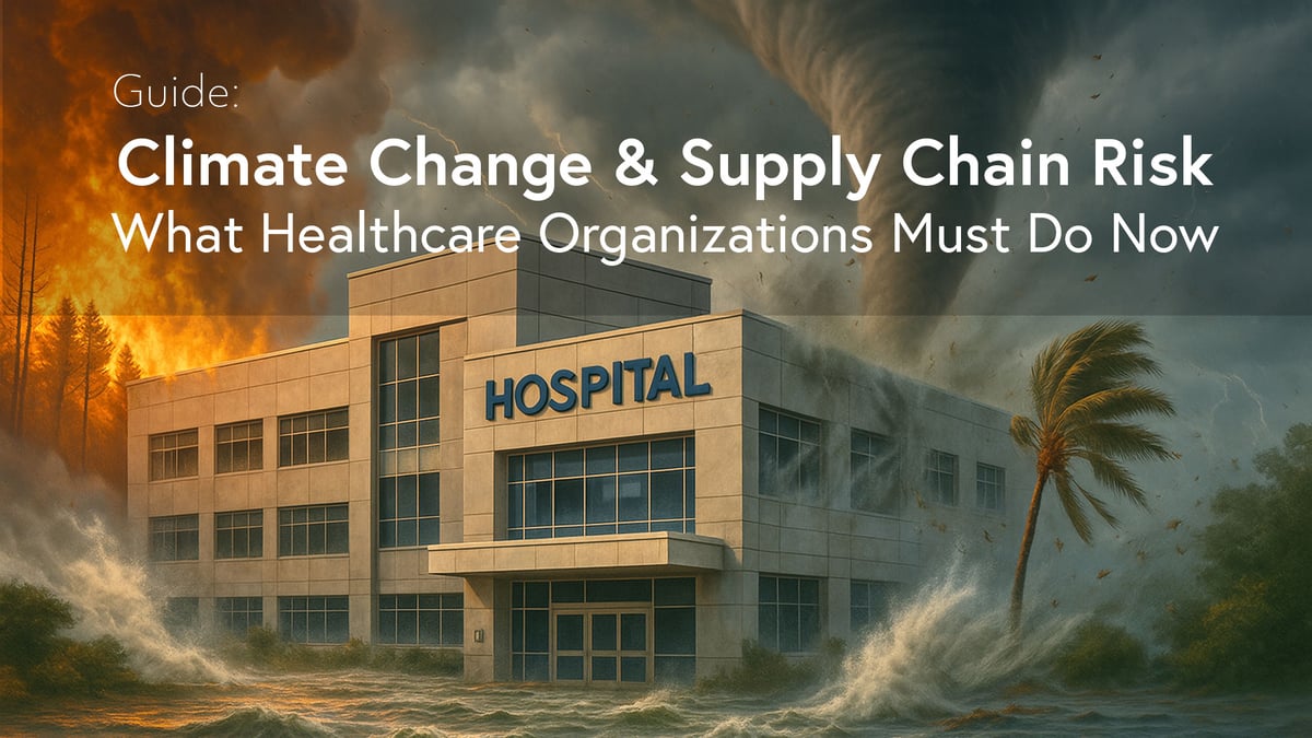 Guide: Climate Change &amp; Supply Change Risk with image of hospital being inundated by natural disasters